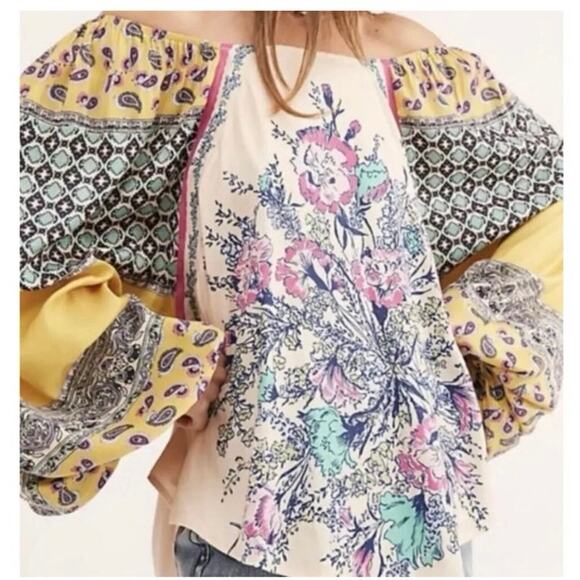 Free People Positano Yellow Print Blouse size Small - Picture 1 of 14